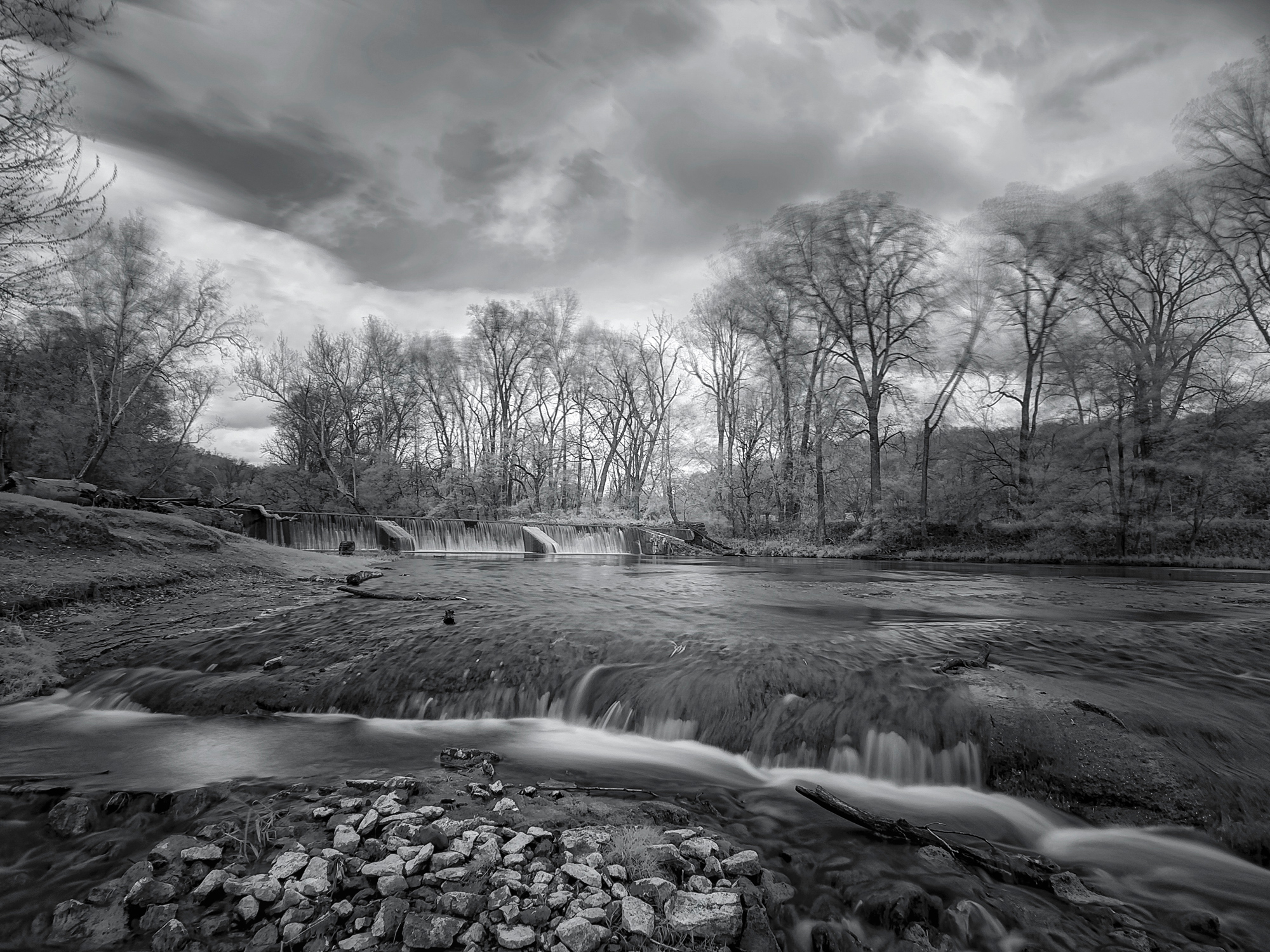 Spillway at Bridgeton, Little Racoon Creek, Indiana iPhone 14 Pro Max, Camera +, 30 sec exposure, 720nm infrared filter, processed in Lightroom Mobile and SnapSeed 