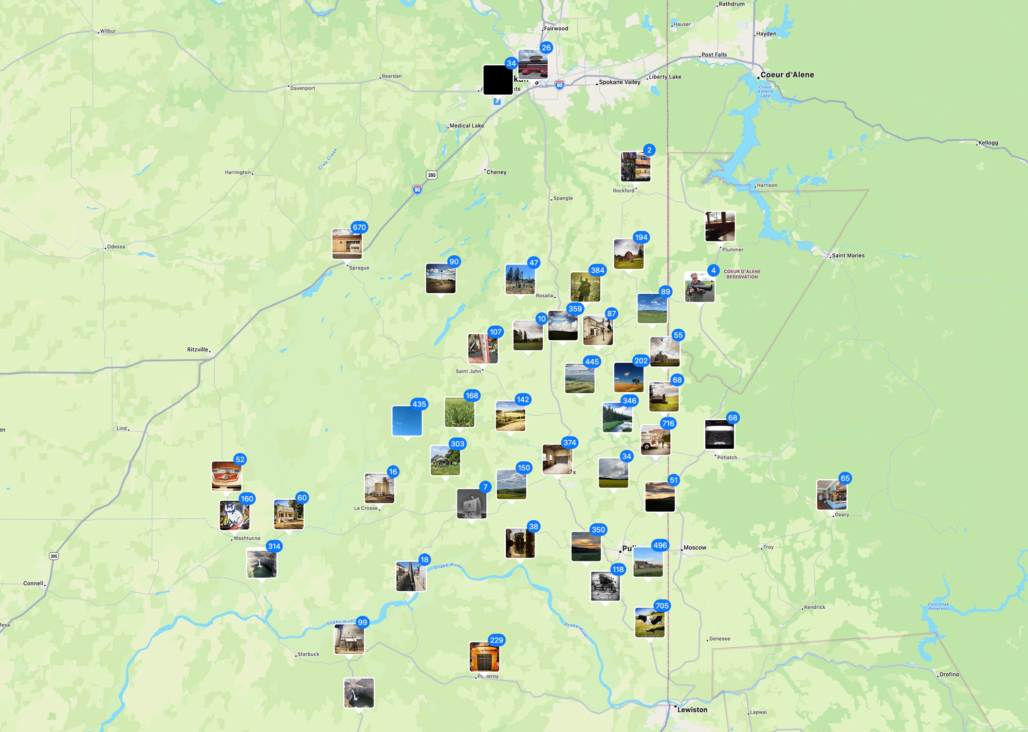 Here is the photo app showing many images taken around the Palouse region. Using this I can go back to any location in the future by selecting the location and then using the maps app to get directions.