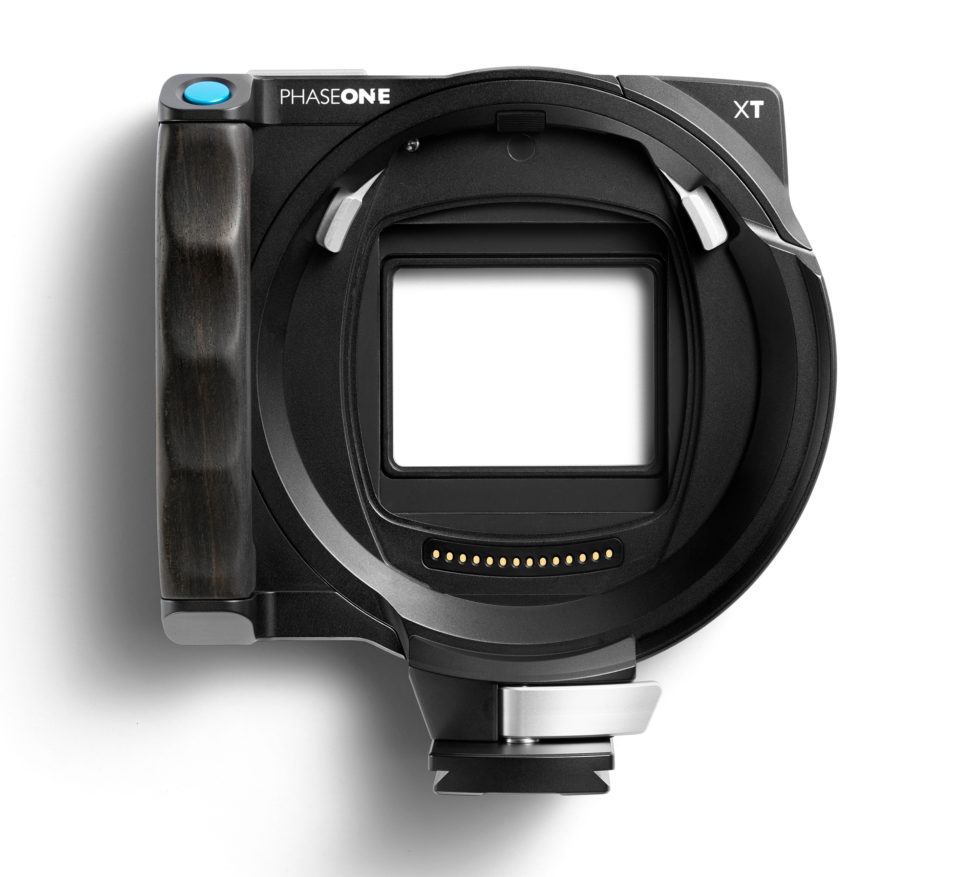 This is the front of the camera. You can see the mounting levers and contact points that integrate with the digital back. Also note that the camera rotates on itself. You don't have to unmount from a tripod and remount if you want to shoot vertical.