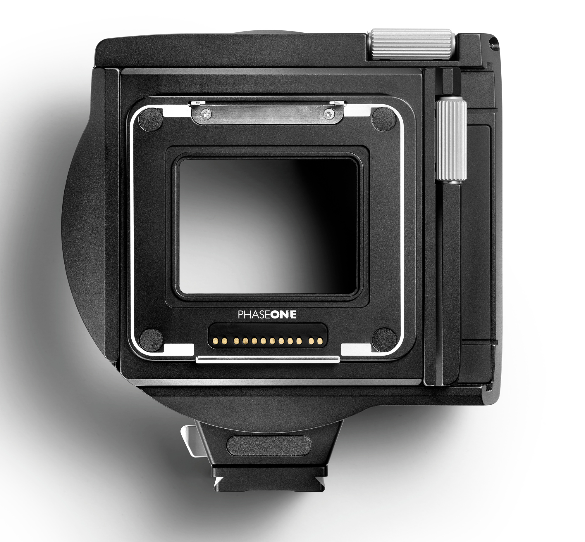 This is the camera back and the digital back is attached to this. You can see the contact points that communicate with the lens