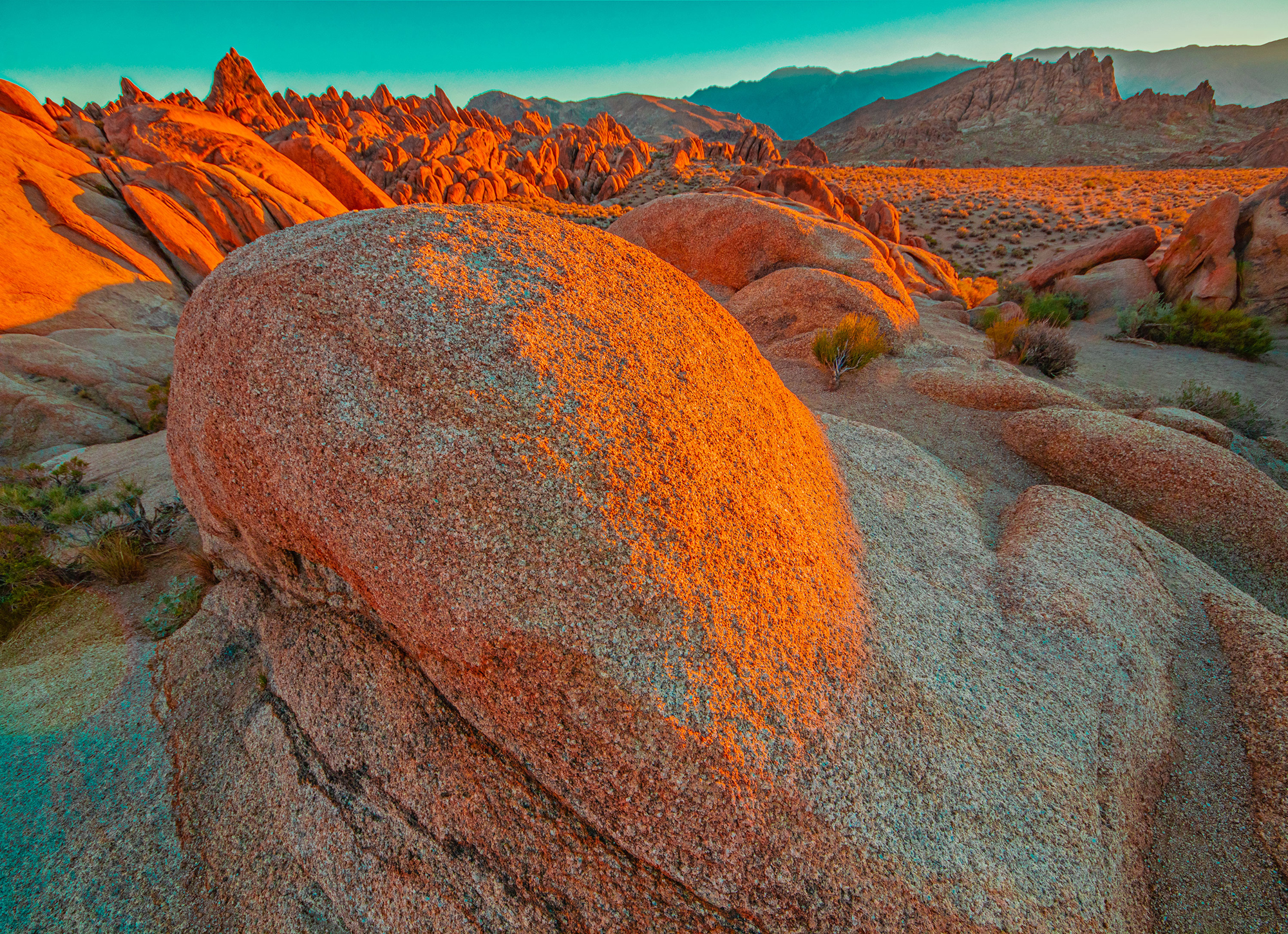 Granite rocks glowing with Sunrise Light, Alabama Hills