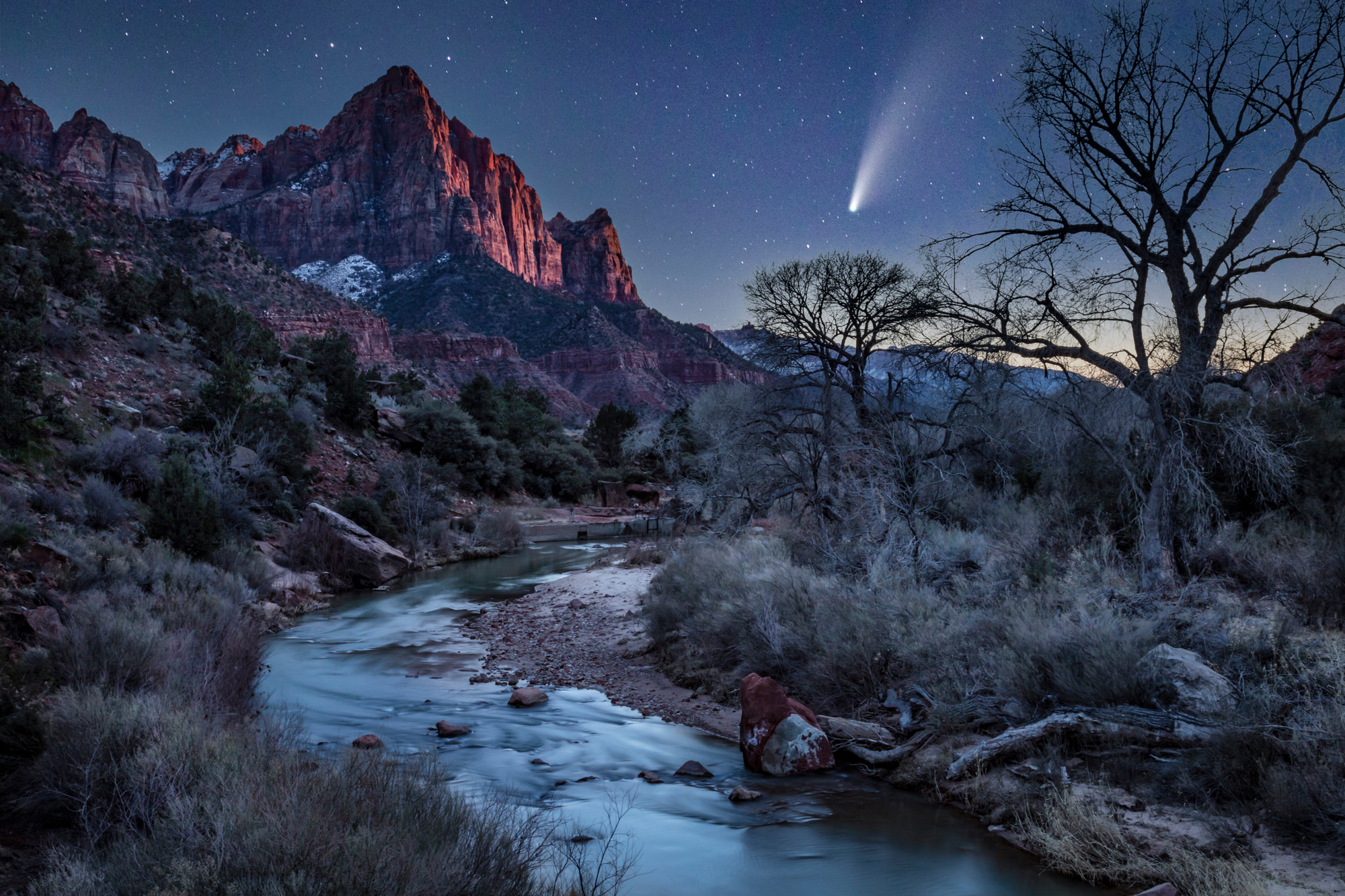 The Virgin the Watchman and the Celestial Visitor photographed by John Grusd, United States Location Details: Zion National Park, Utah, USA