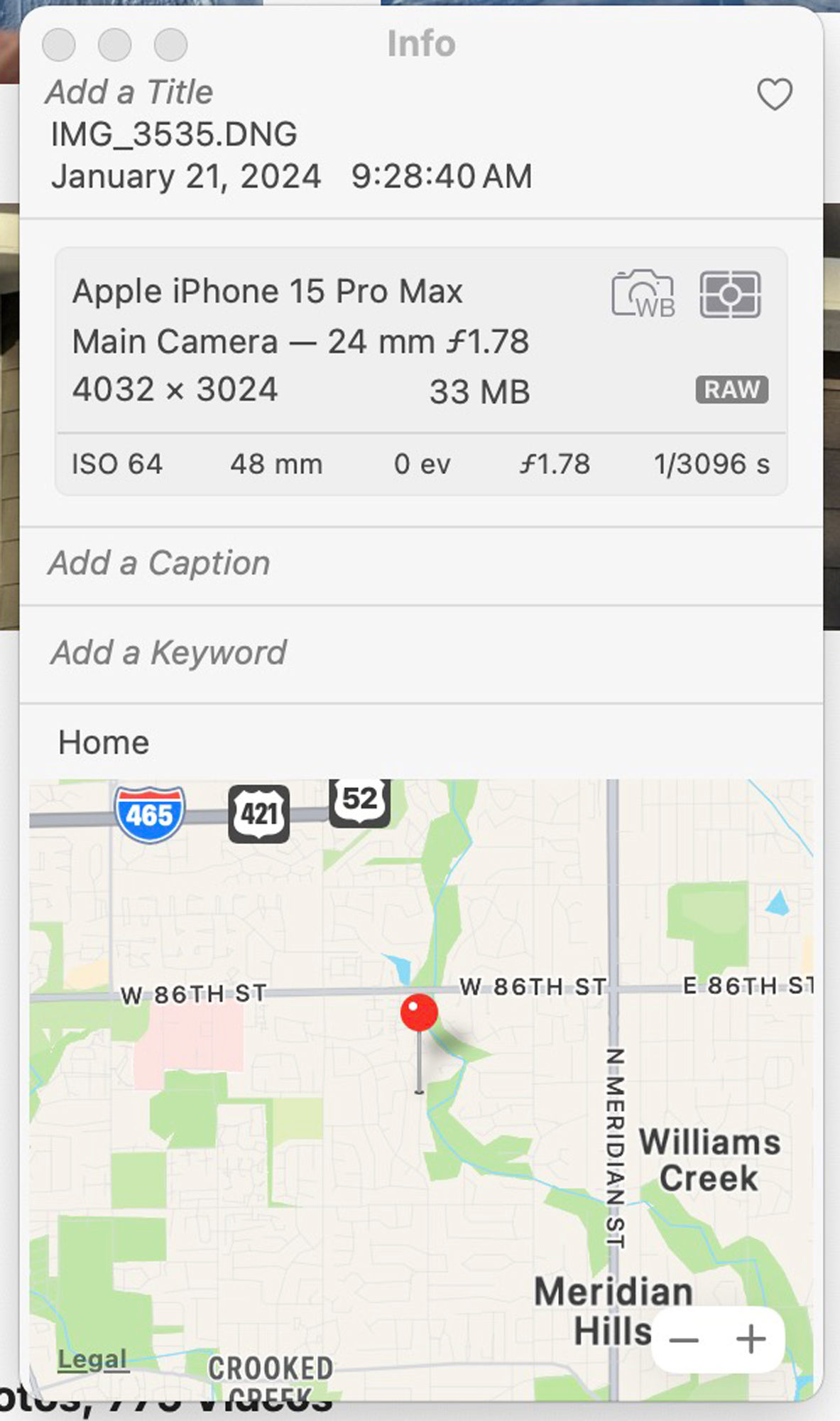 This is the meta data for the 2X image. Notice the file size has dropped to 33mb. That's because this is being shot on a 12MP sensor. But it is still a RAW.