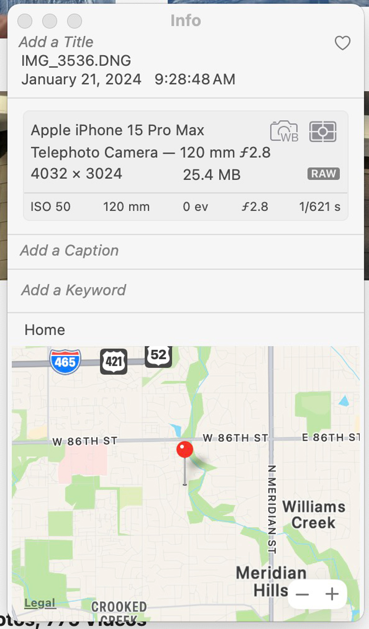 This is the info for the 5X setting which an equivalent of 120mm. Once again notice the file size for the RAW file in comparison to the others.