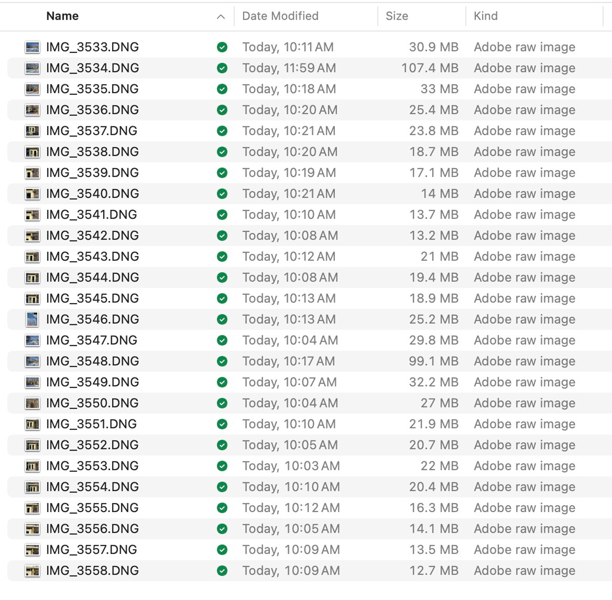 Here ids a screen shot of my finder with the files used in this article. Please note the file name and refer to the images shown larger below in this article. This will allow you to see the files sizes for the images shot in ProRAW at the different camera/lens settings.