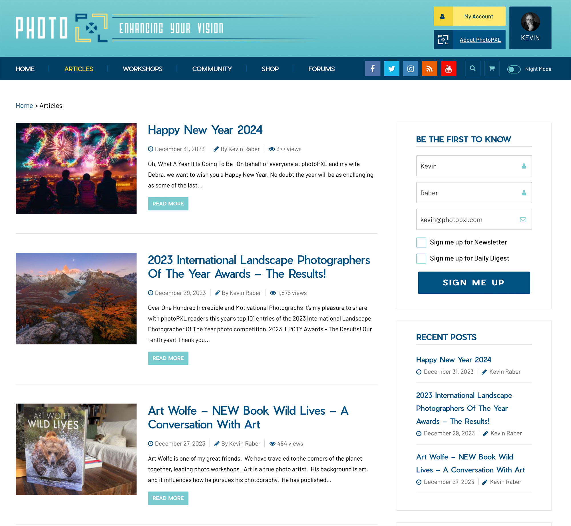 The Articles page. All articles since we launched the site can be found here. The most recent article is at the top.
