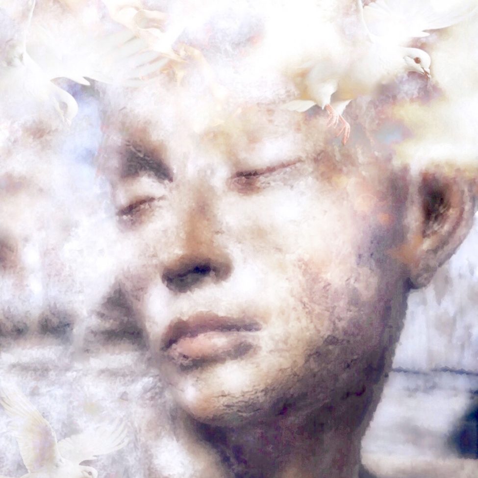 Adrienne Anbinder’s digital mixed media artwork featuring a serene, statue-like figure with closed eyes and white doves overhead, emphasizing a dreamy, peaceful aesthetic.