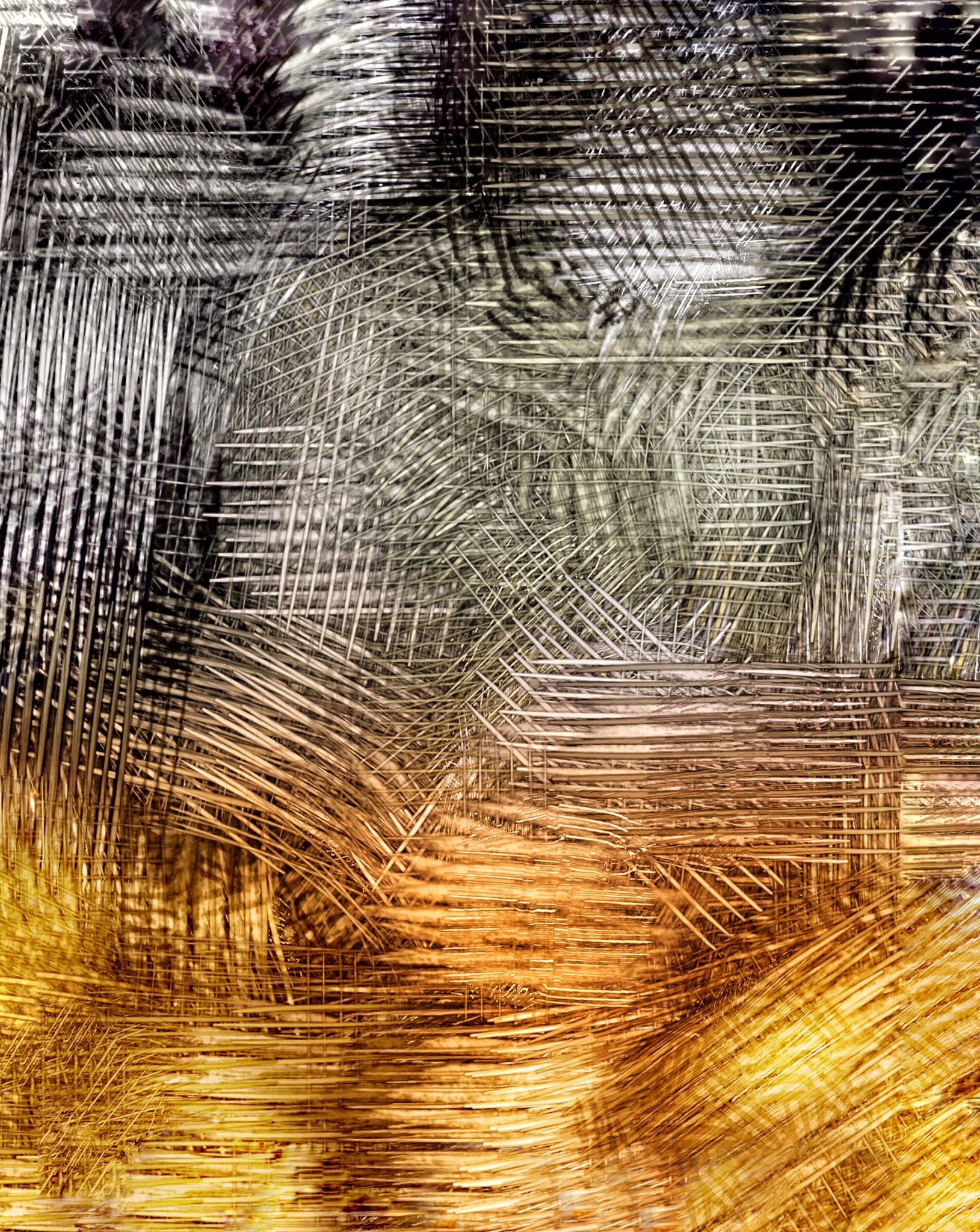 Adrienne Anbinder’s ‘Pins and Needles’ digital mixed media artwork, featuring layered metallic textures and swirling lines, capturing the anxious mood and uncertainty of the COVID era.