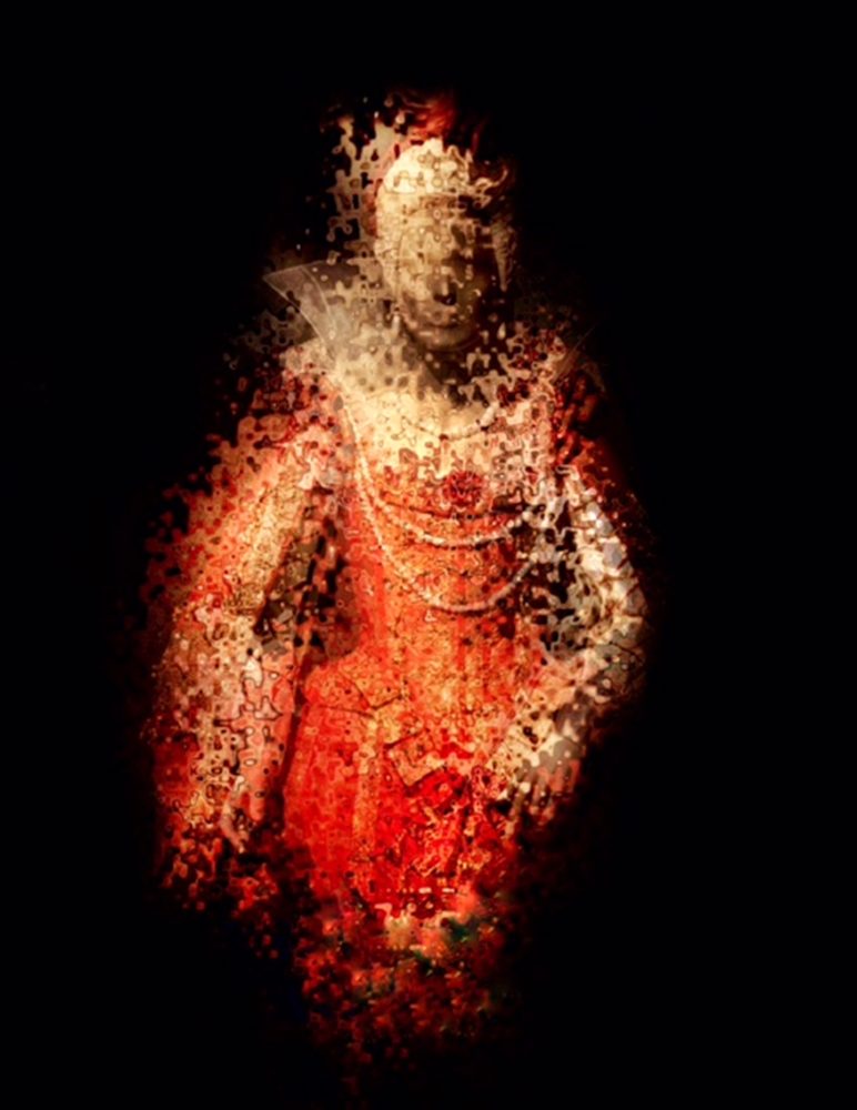 Adrienne Anbinder’s digital mixed media artwork of a red sculptural figure against a black background, showcasing chiaroscuro lighting and emotional storytelling.