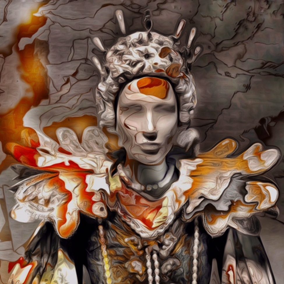 Adrienne Anbinder’s digital mixed media portrait of a regal figure in swirling orange and gray against a dark background, emphasizing chiaroscuro lighting and emotional storytelling.