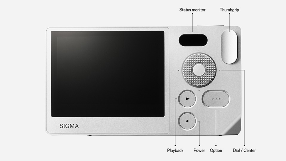 Rear view of the Sigma BF mirrorless camera showcasing its minimalist control layout, including a status monitor, thumbgrip, playback button, power button, option button, and central dial for intuitive operation.