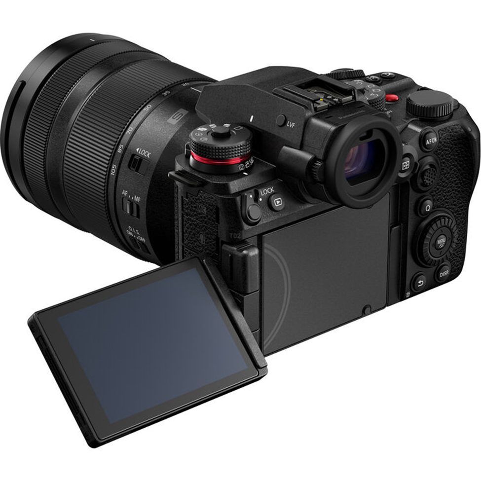Rear view of the Panasonic Lumix S1R II mirrorless camera, featuring its fully articulating touchscreen LCD, high-resolution electronic viewfinder, ergonomic controls, and customizable dials, designed for professional photography and videography.