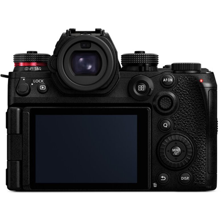 Rear view of the Panasonic Lumix S1R II mirrorless camera, featuring a high-resolution electronic viewfinder, fully articulating LCD touchscreen, customizable control buttons, and an ergonomic grip for professional photography and videography.