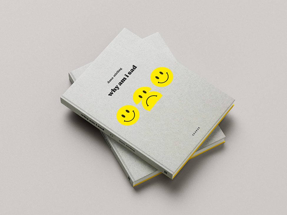 Cover of the photography book 'Why Am I Sad' by Dana Stirling, featuring a minimalist gray design with three yellow smiley faces, one of which is frowning, reflecting themes of emotional vulnerability and nostalgia. 