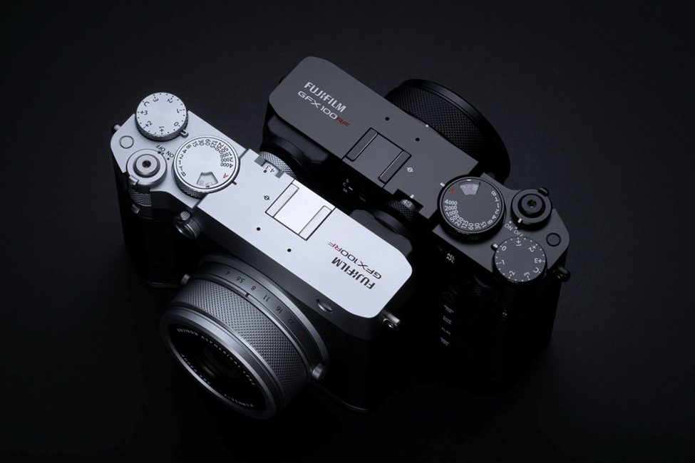 Fujifilm GFX100RF and GFX100DF medium format cameras displayed on a dark background, showcasing their premium design, manual dials, and rangefinder aesthetics. These 102MP mirrorless cameras offer exceptional image quality in a compact, lightweight body, perfect for professional and enthusiast photographers.