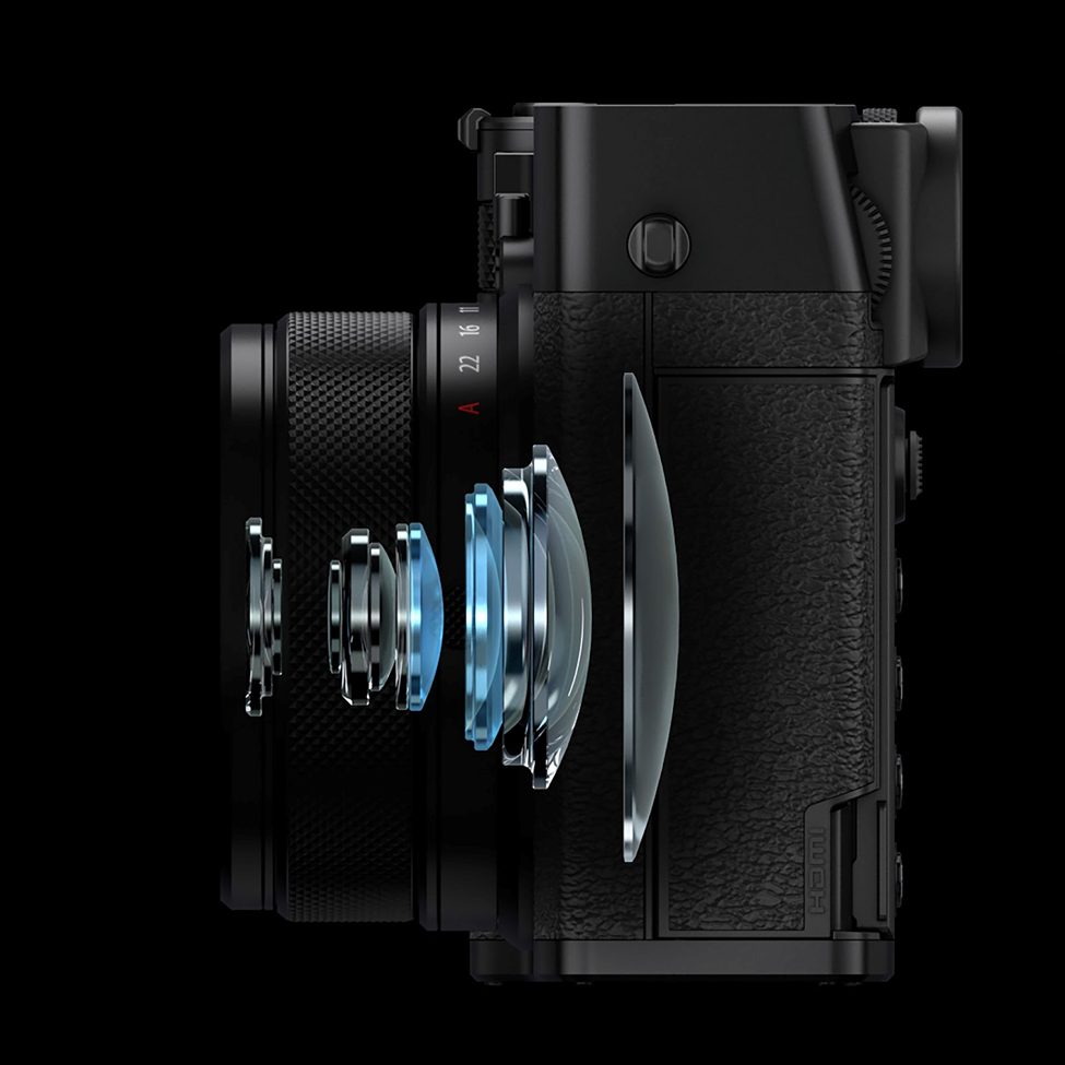 Exploded view of the Fujifilm GFX100RF medium format mirrorless camera’s optical design, showcasing its advanced lens elements and high-resolution sensor. The GFX100RF delivers exceptional image quality with precision optics and innovative engineering.