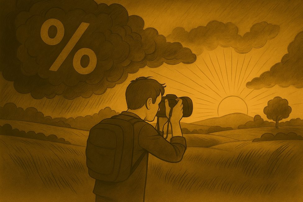 Photographer captures sunset while a dark tariff cloud looms, symbolizing rising camera costs