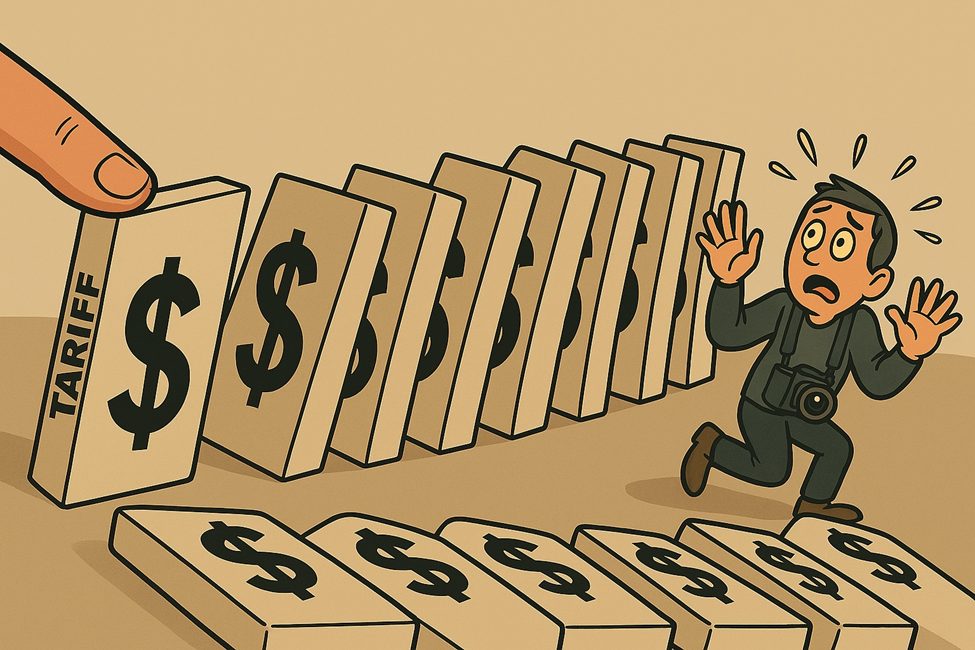 Illustration of tariffs triggering rising camera costs, impacting photographers.