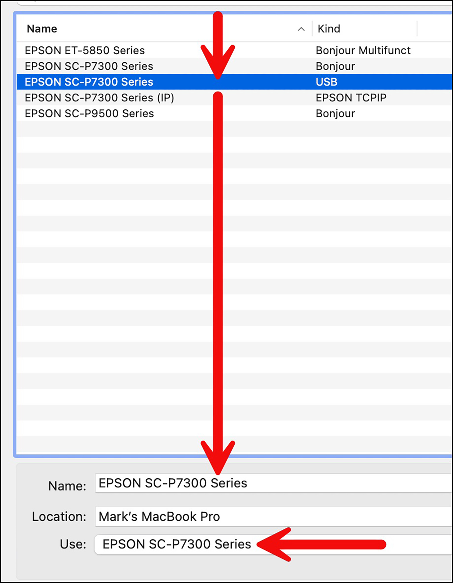 Figure 22. Example of USB cable connection to the printer