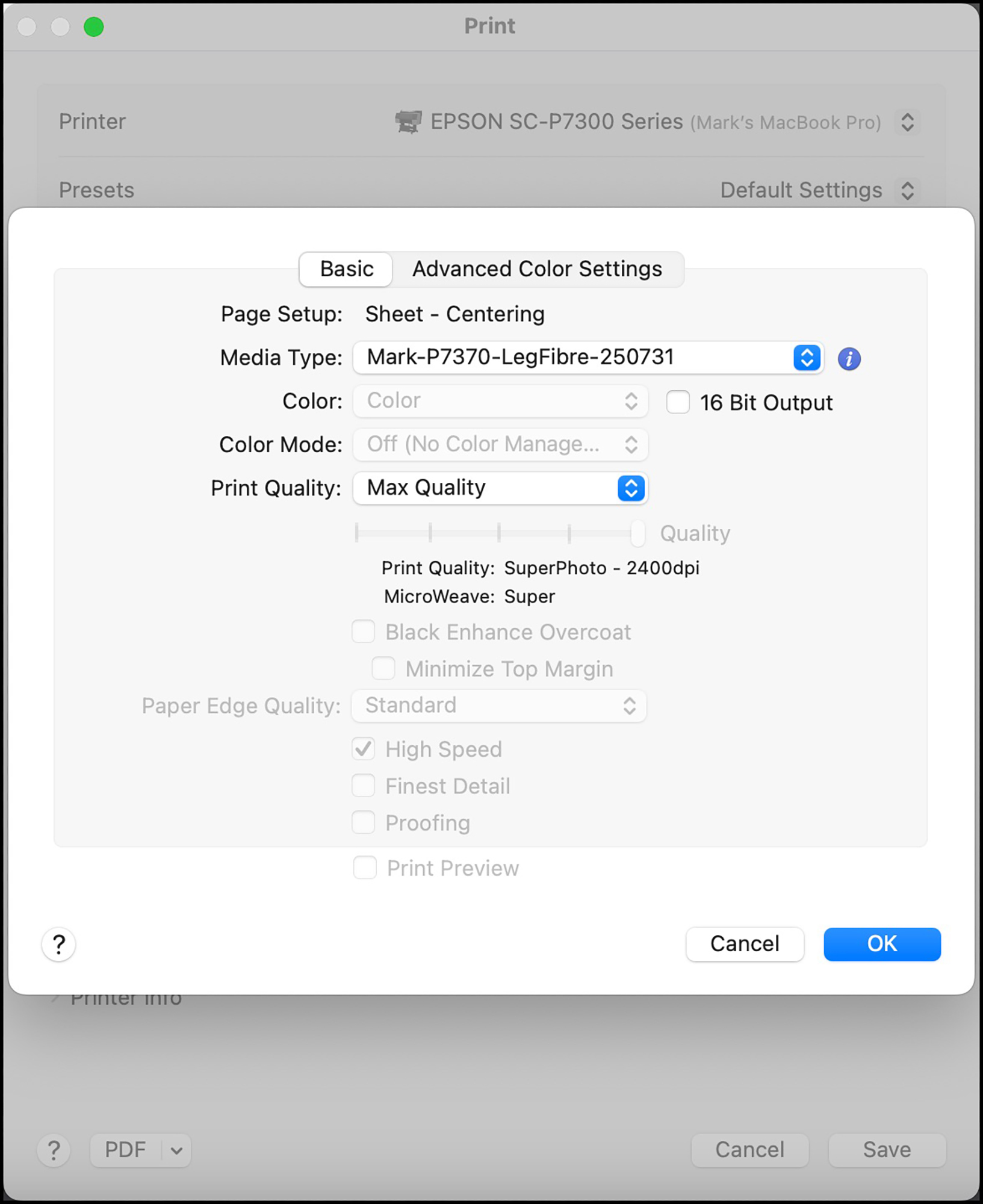 Figure 25. The Basic Settings panel of the Epson driver, SC-P7370