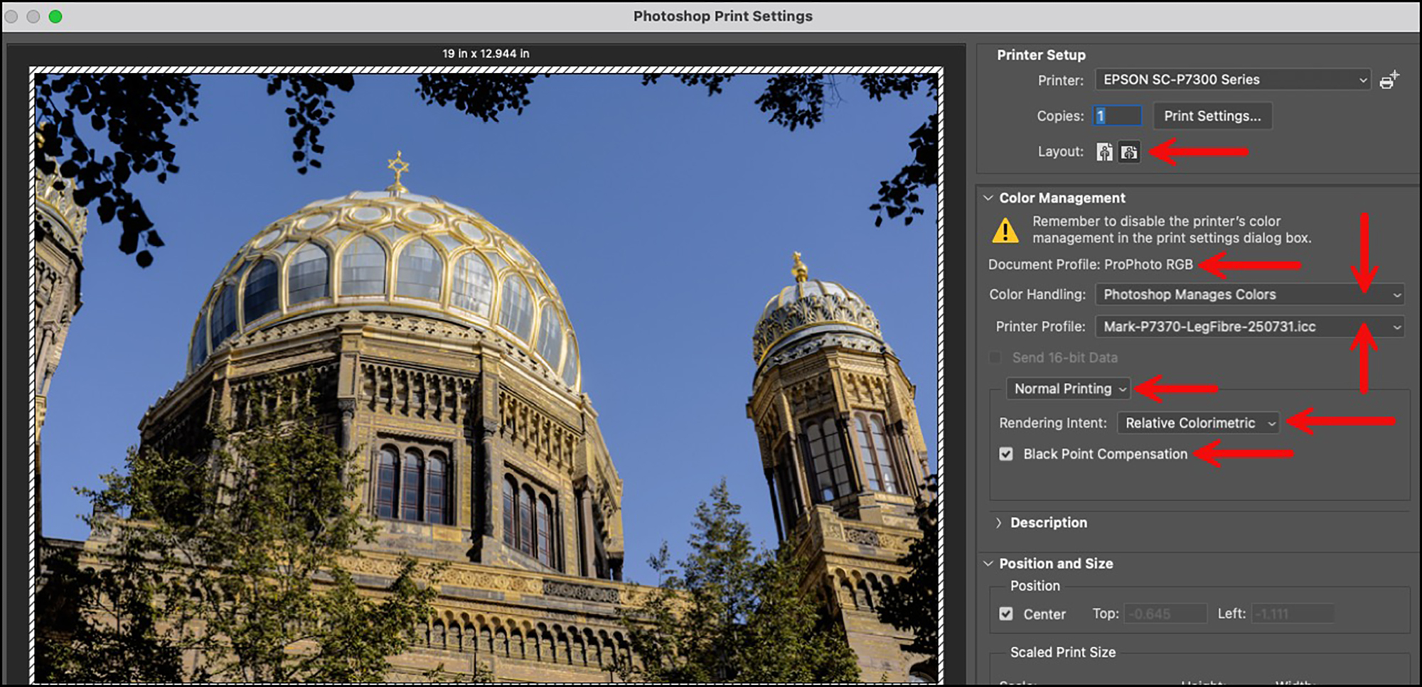 Figure 26. Settings to be verified in the printing application (here Photoshop)