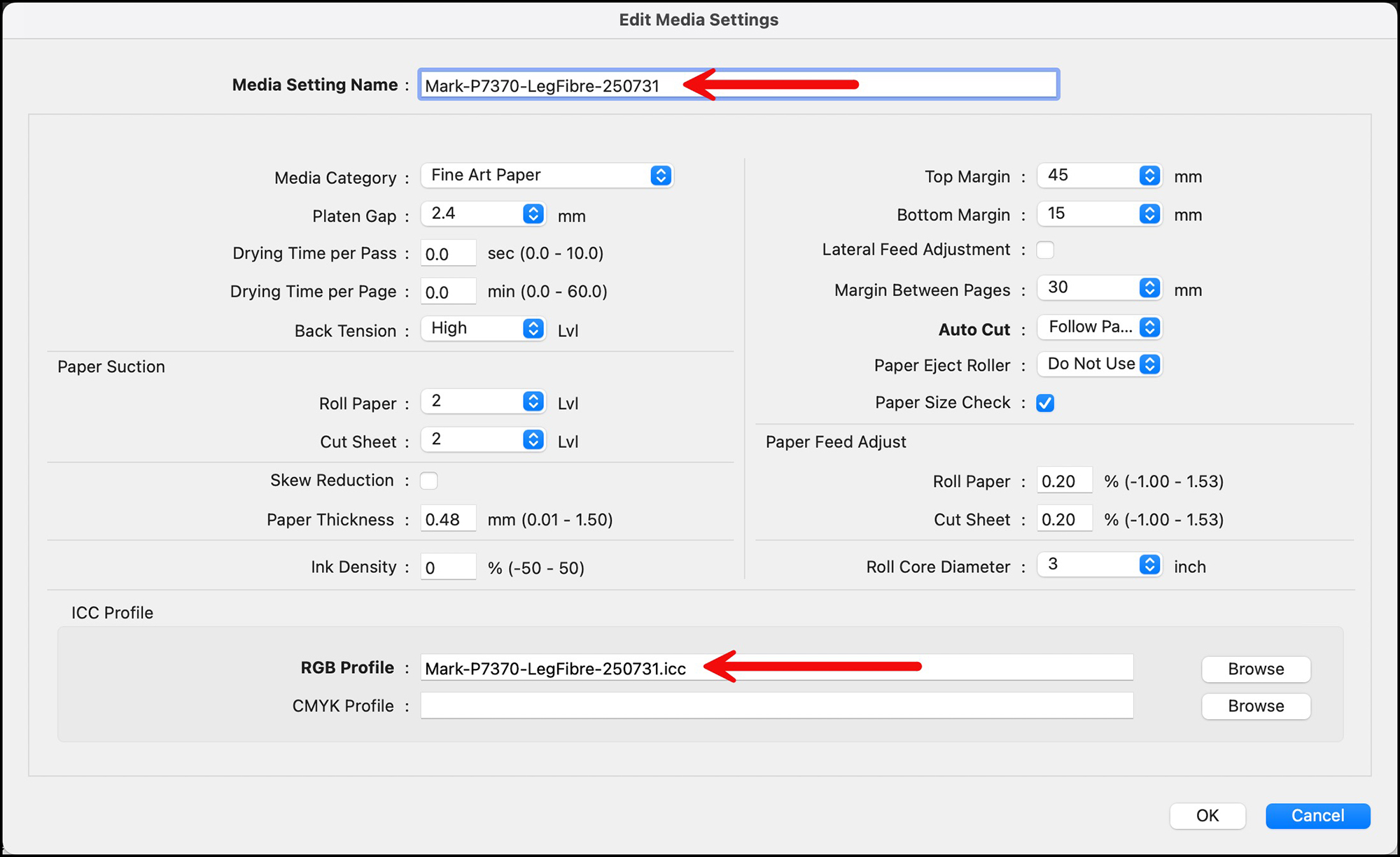 Figure 31. Rename the Media Type 
(Also note the paper parameters available for editing.)
