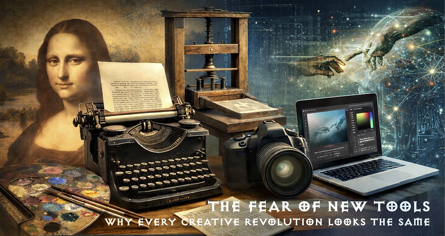 Collage of the Mona Lisa, a digital hand, a typewriter, a laptop, and a vintage camera.