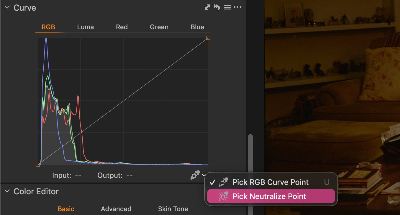 Capture One RGB curve panel with histogram and “Pick Neutralize Point” tool selected.
