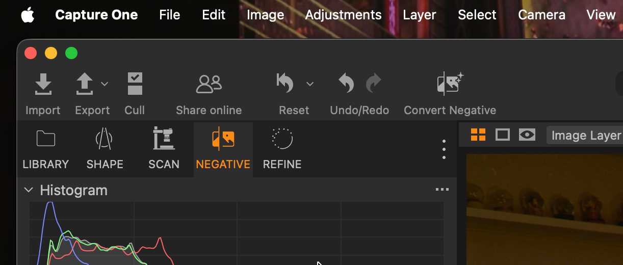 Capture One interface showing the Negative workspace with Scan, Negative, and Refine tabs.