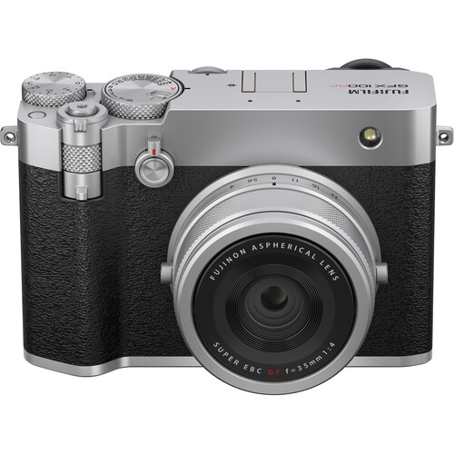 Fujifilm X100VI compact camera front view with silver top plate