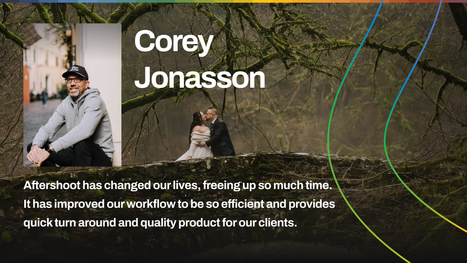 Wedding photographer Corey Jonasson testimonial about Aftershoot AI improving photo editing workflow and turnaround time