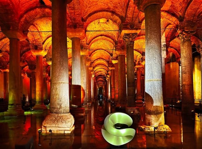 Basilica Cistern arches and columns with modern sculpture and glowing reflections