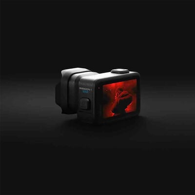 Compact GoPro Mission camera with rear screen glowing red, angled product view
