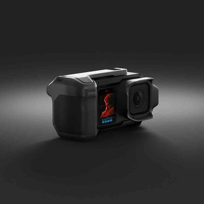 GoPro Mission action camera with front lens and grip attachment, studio product shot