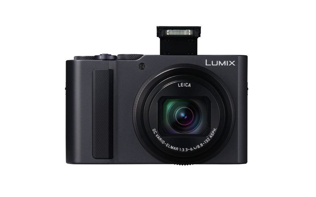 Front view of Lumix ZS300 with lens extended and pop-up flash raised