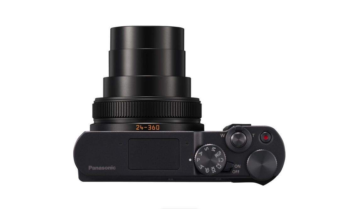 Top view of Lumix ZS300 with extended zoom lens and control dial