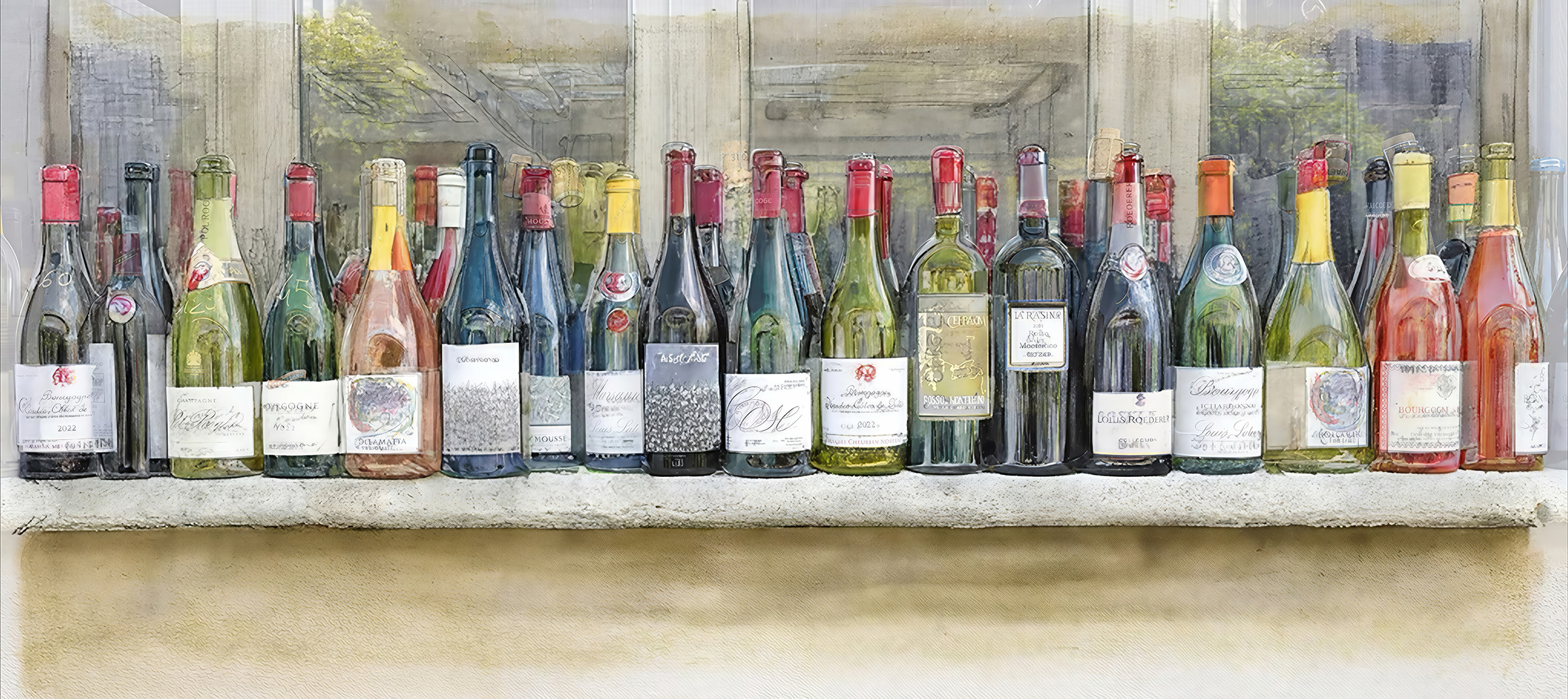 Painterly image of wine bottles created by blending AI and original photography
