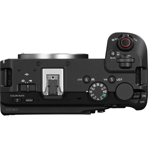 Top view of Canon EOS R6V showing mode dial and video controls