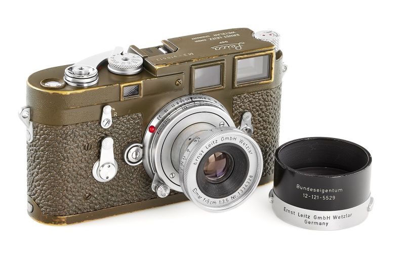 Olive green Leica M3 military camera with lens and hood