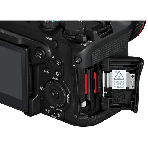 Canon EOS R6V dual card slots with CFexpress and SD card compartment open