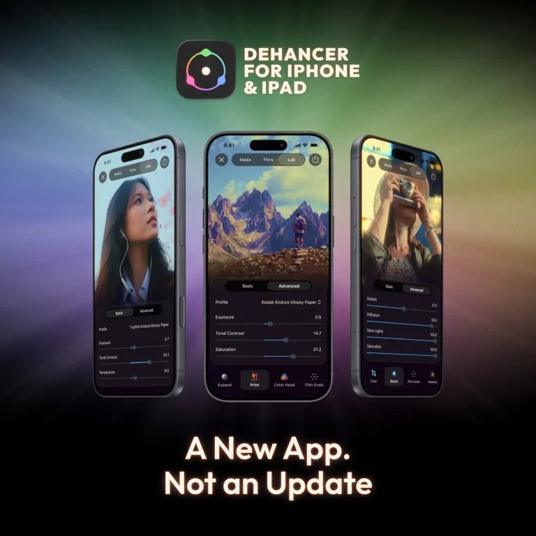 Promotional graphic for Dehancer iOS 6.0 showing the redesigned Dehancer app interface on three iPhones with the tagline “A New App. Not an Update.”