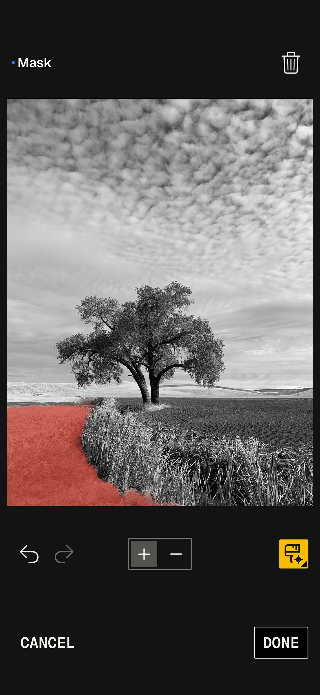 SnapSeed masking example showing selective edits applied to a landscape foreground.