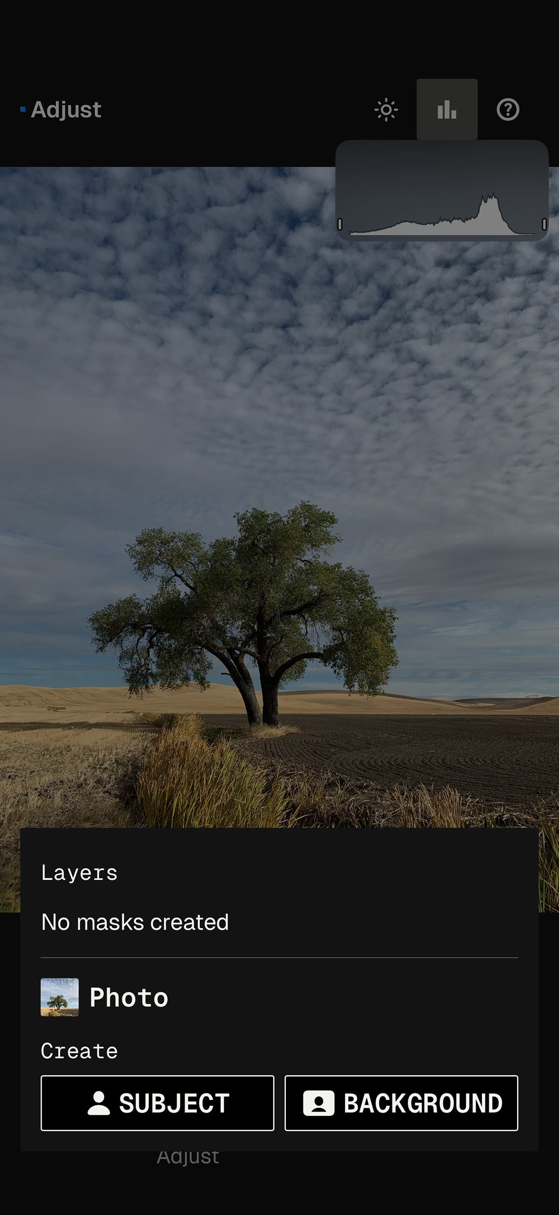 SnapSeed One-Touch Masking menu showing subject and background selection options.