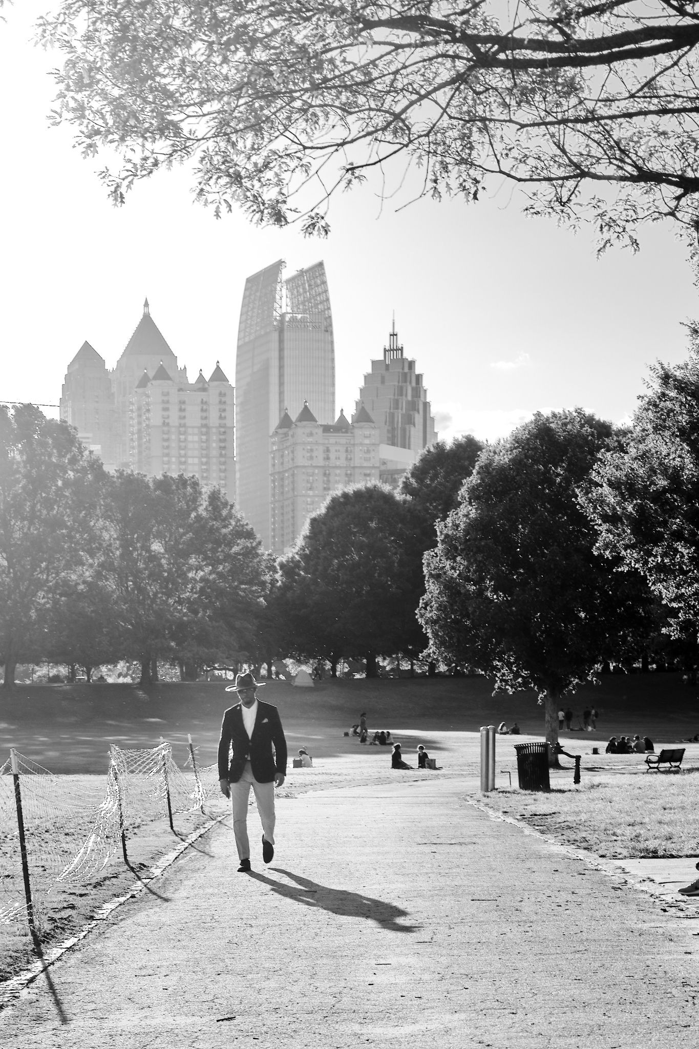 Black-and-white city park scene demonstrating GFX100RF tonal range and contrast