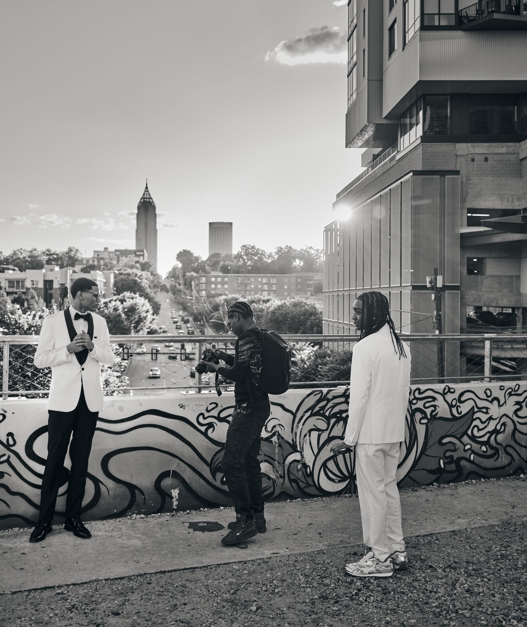 Black-and-white rooftop portrait session demonstrating GFX100RF image quality
