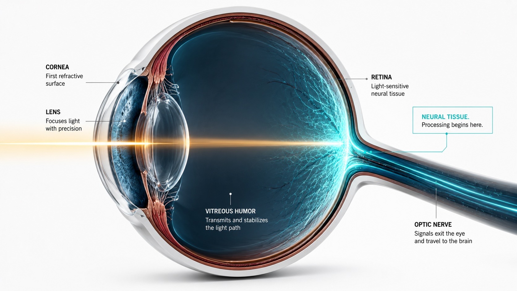 Cross-section of the eye showing the cornea, lens, retina, and optic nerve.