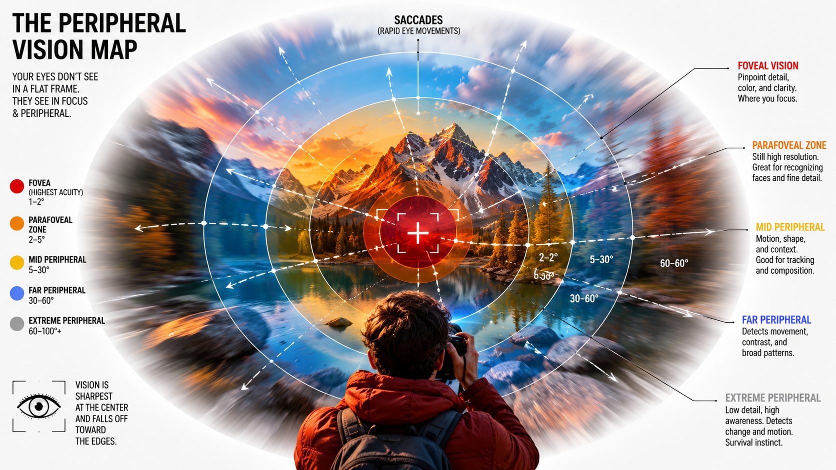 Diagram of peripheral vision zones over a photographer viewing a landscape.