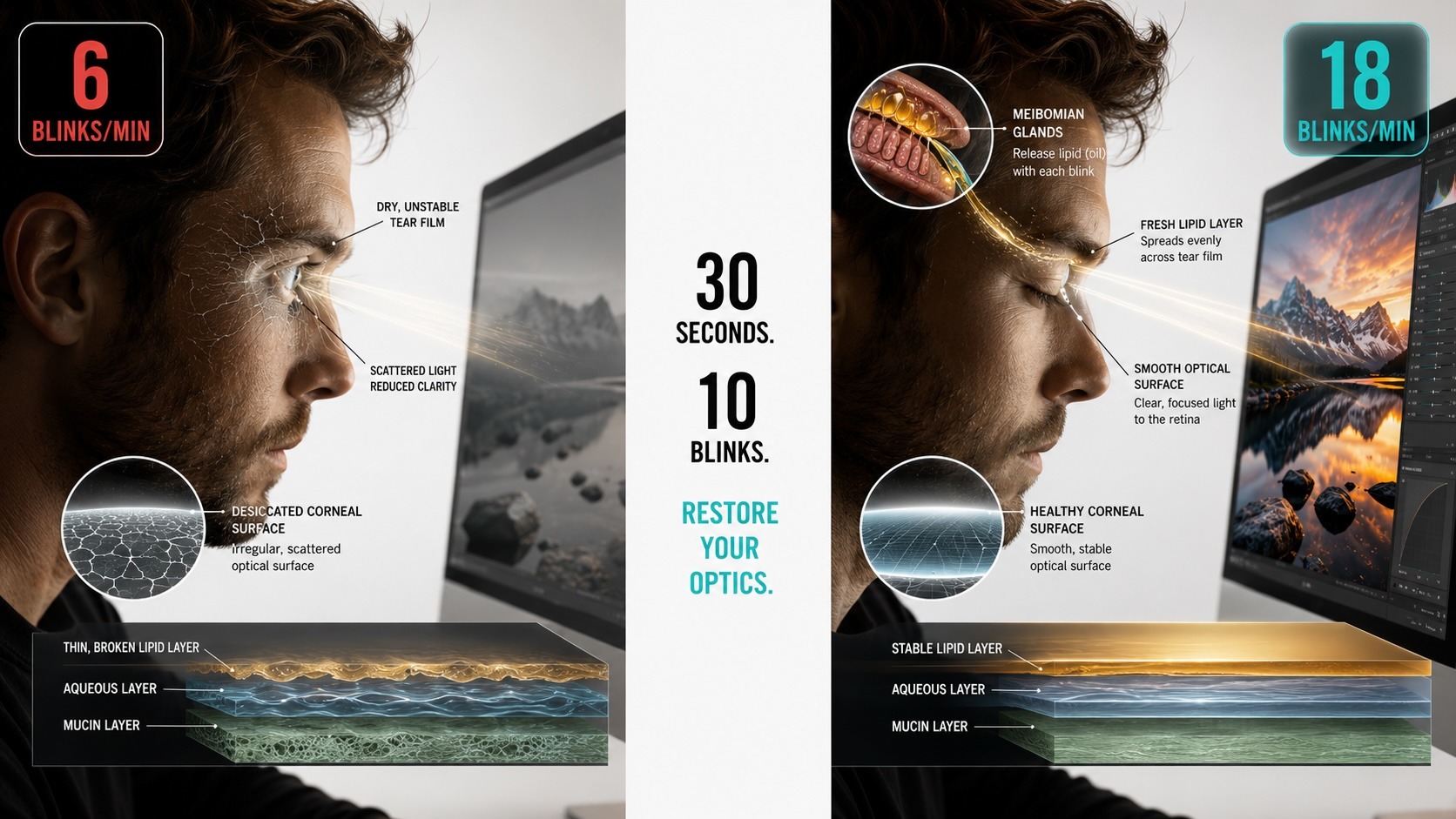 Comparison showing how blinking improves tear film and visual clarity