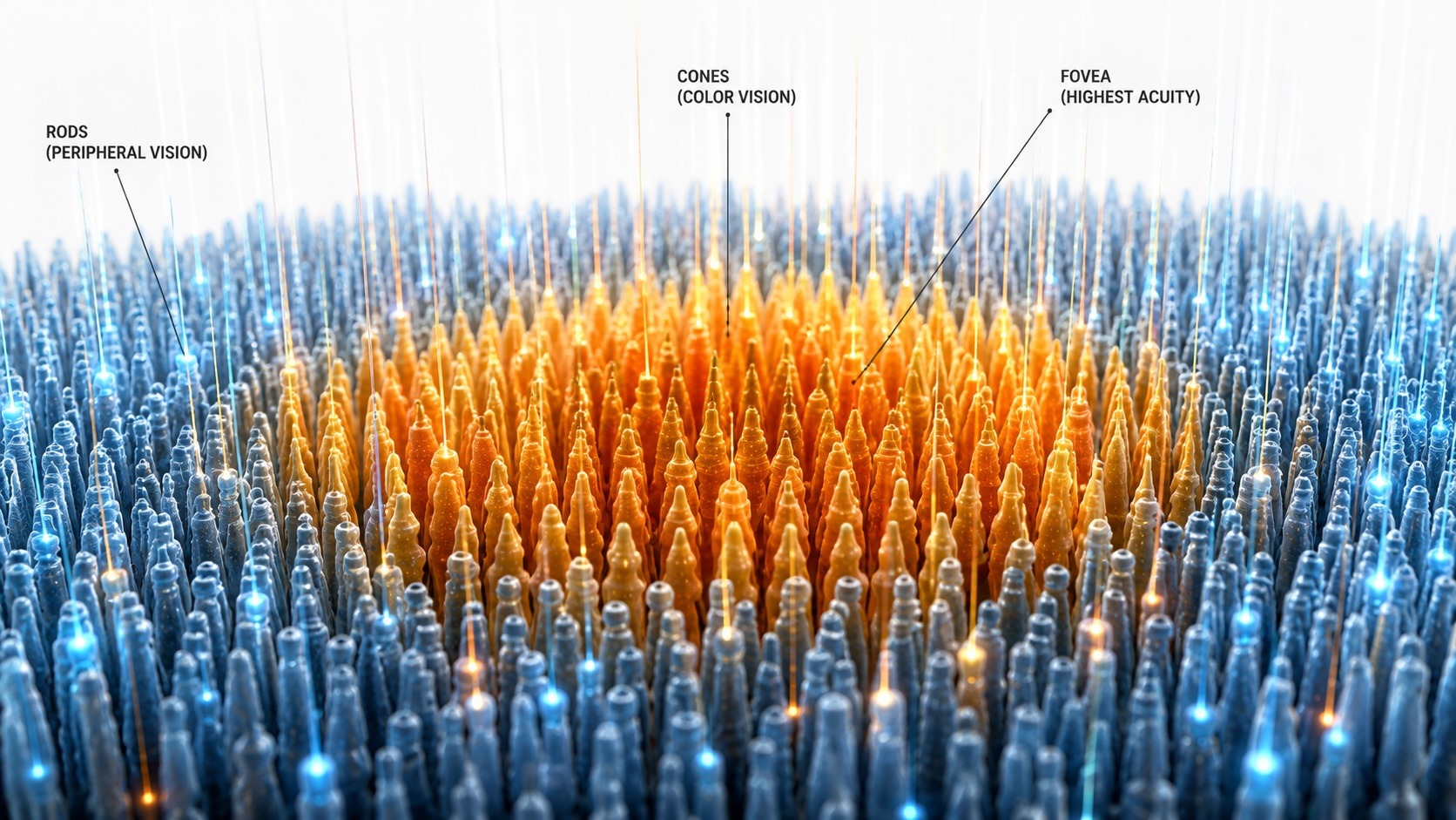 llustration comparing rods, cones, and the fovea in the retina.