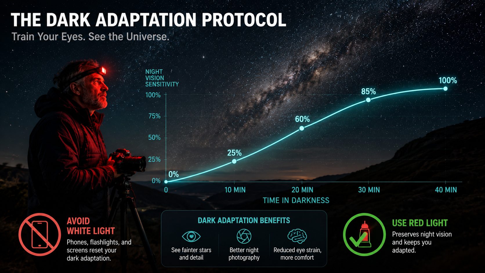 Dark adaptation guide for night photography using red light